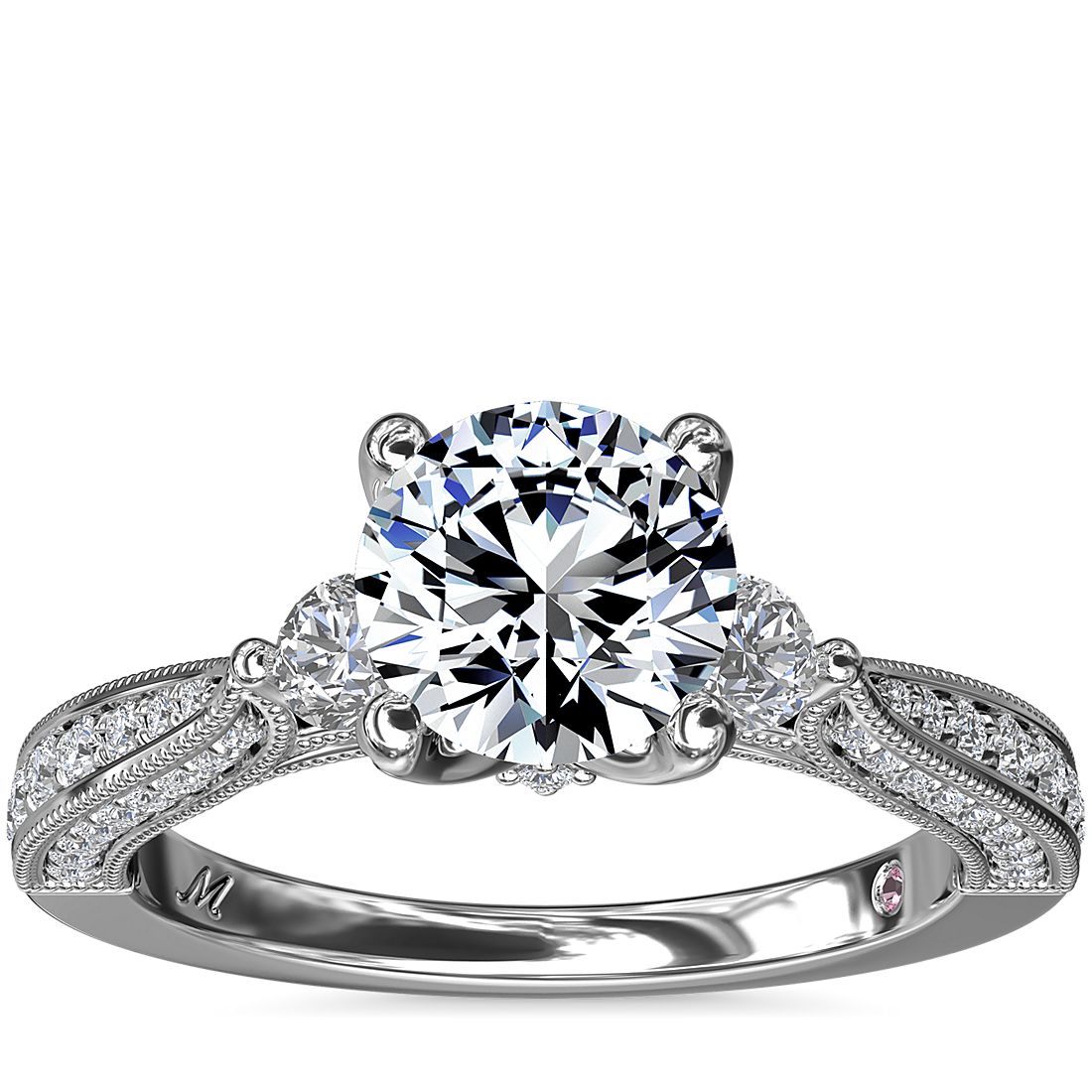 Blue Nile Monique Lhuillier Realeza Three-Stone Milgrain 1.34-Carat Round-Cut Diamond Ring in Platinum